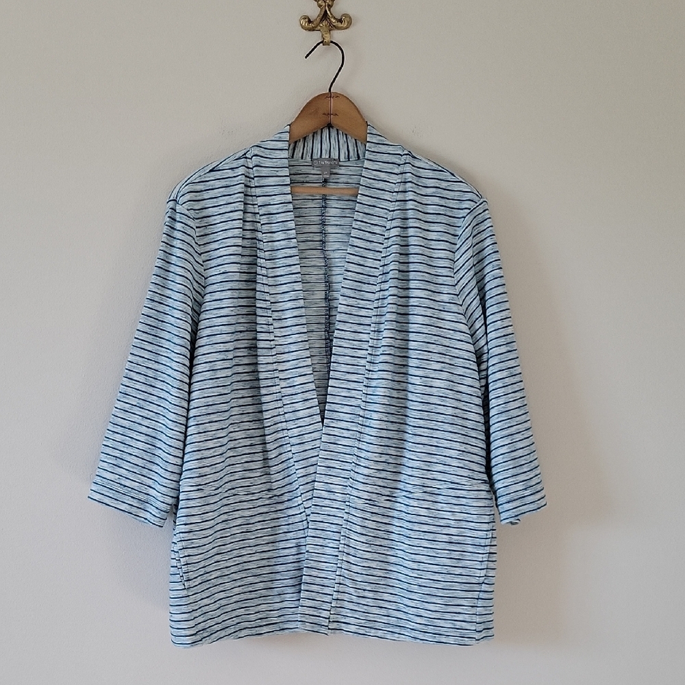 T by Talbots Teal Blue Space Dye Stripe Open Activewear Cardigan Size 2X